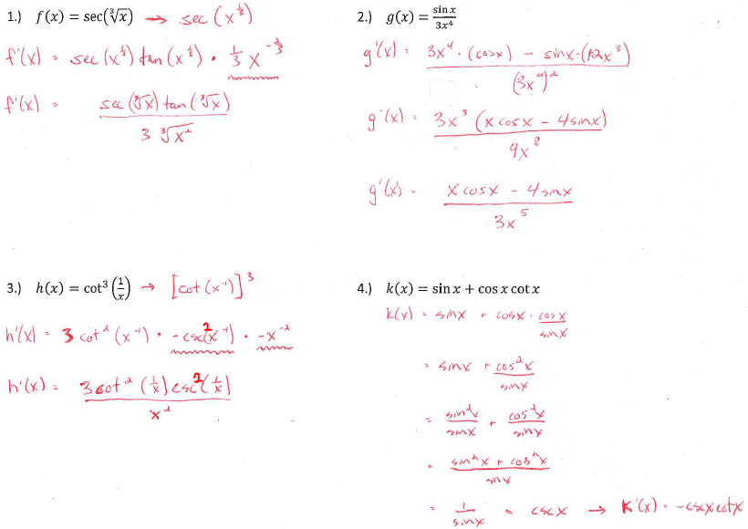 Derivative Of Trigonometric Functions Worksheet